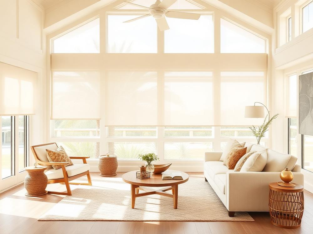 Living room with motorized shades filtering afternoon light